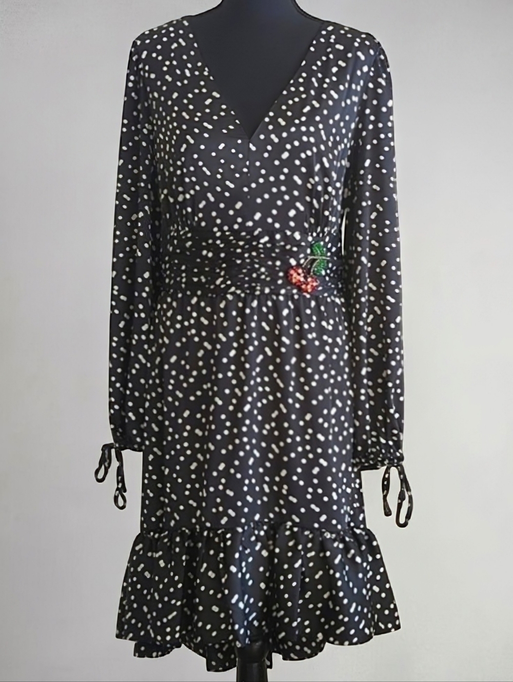 Betsey Johnson Polka Dot Beaded Cherry Ruffled Hem High Low Dress Black 14 W